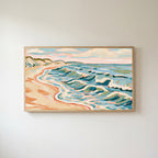 Beach waves Frame TV art in an oak frame on a warm white wall