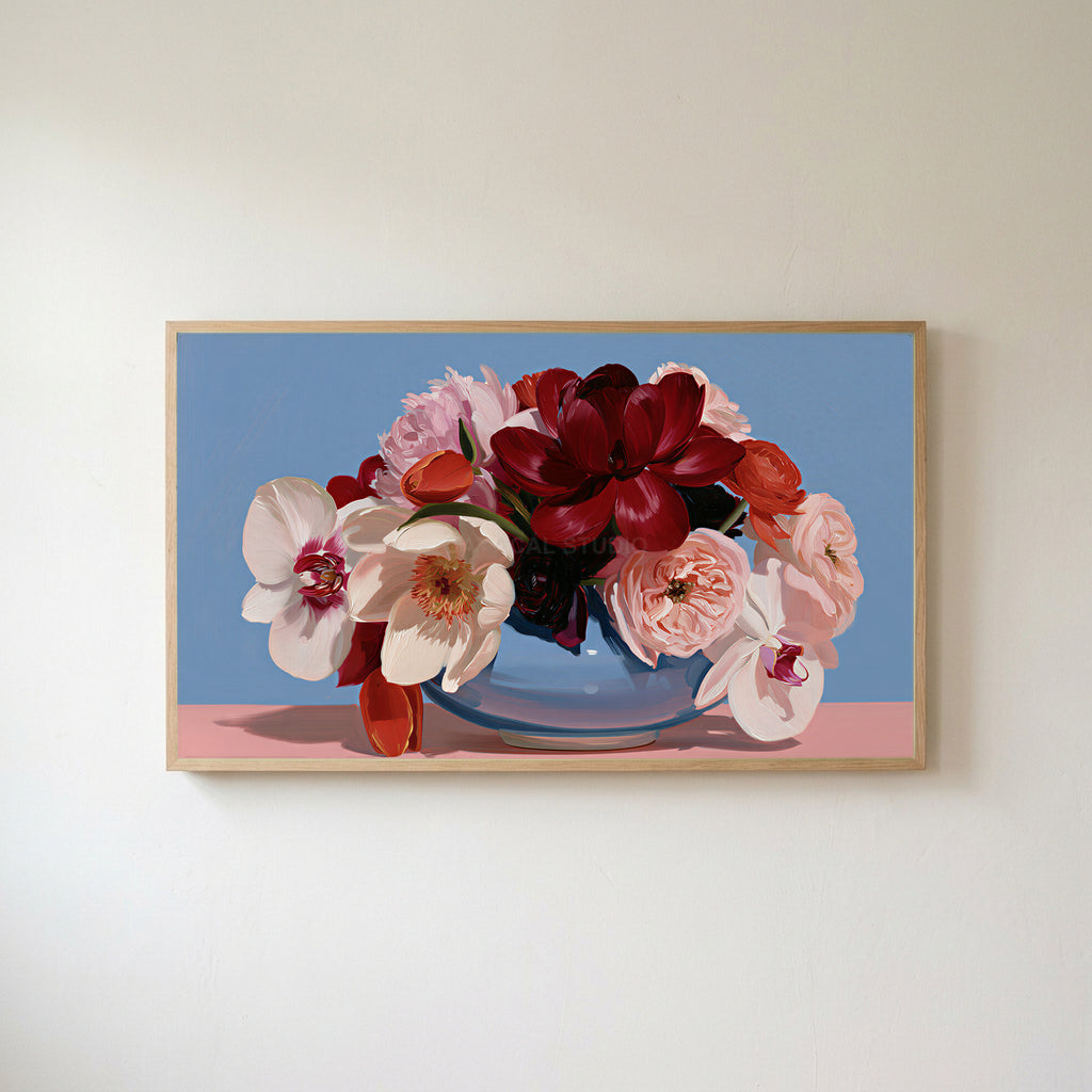 Peony and orchid bouquet Frame TV art in an oak frame on a warm white wall