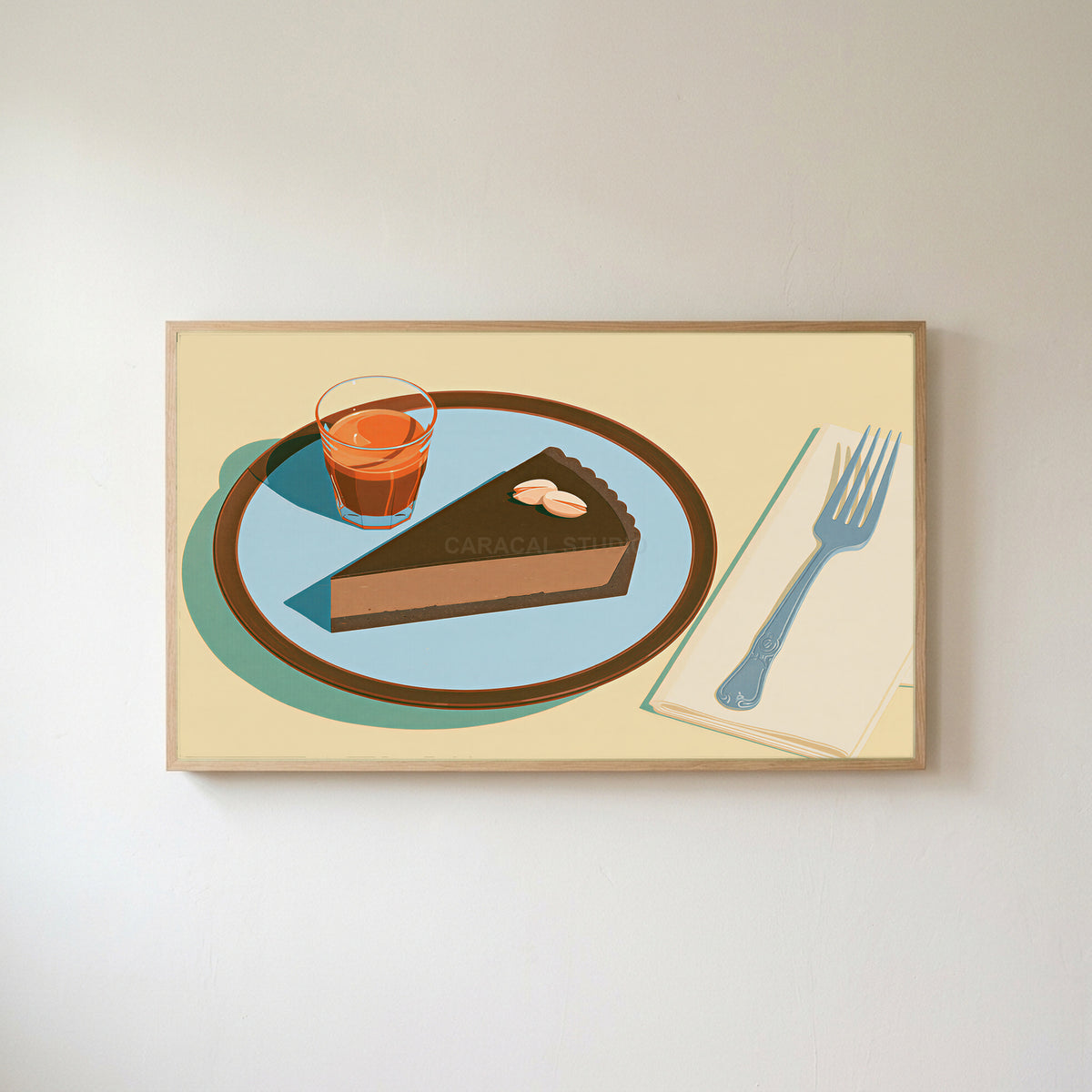 Chocolate tart and espresso Frame TV art in an oak frame on a warm white wall