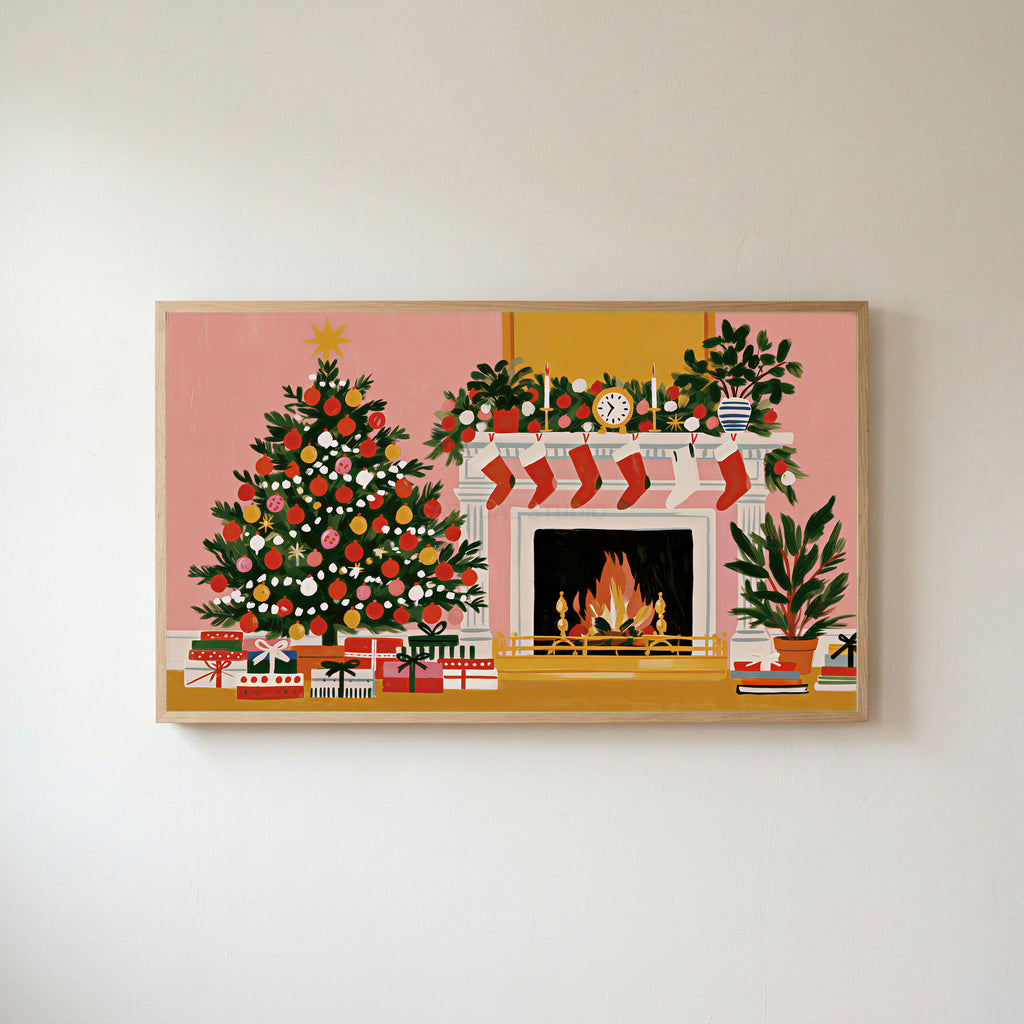Tree and fireplace Frame TV art in an oak frame on a warm white wall