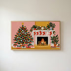 Tree and fireplace Frame TV art in an oak frame on a warm white wall