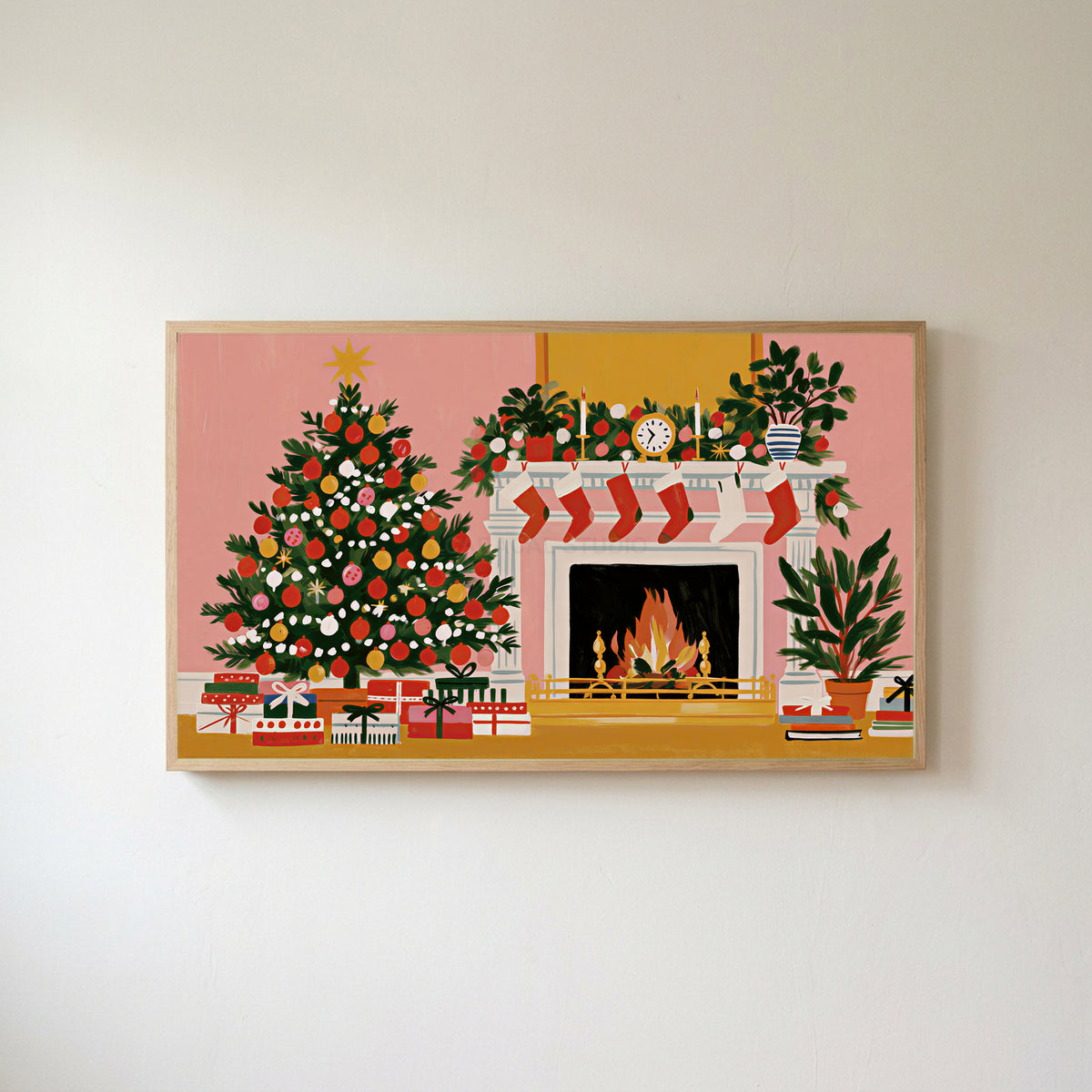 Tree and fireplace Frame TV art in an oak frame on a warm white wall