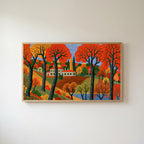 Folk art autumn farmhouse Frame TV art in an oak frame on a warm white wall