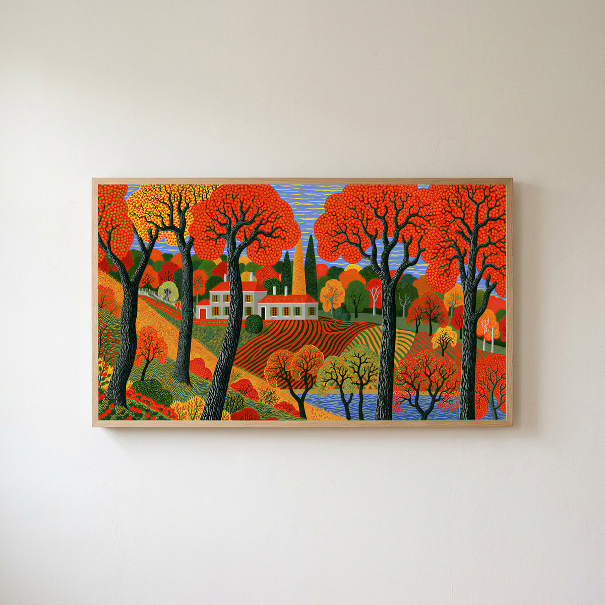 Folk art autumn farmhouse Frame TV art in an oak frame on a warm white wall