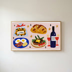 Food and wine doodles Frame TV art in an oak frame on a warm white wall