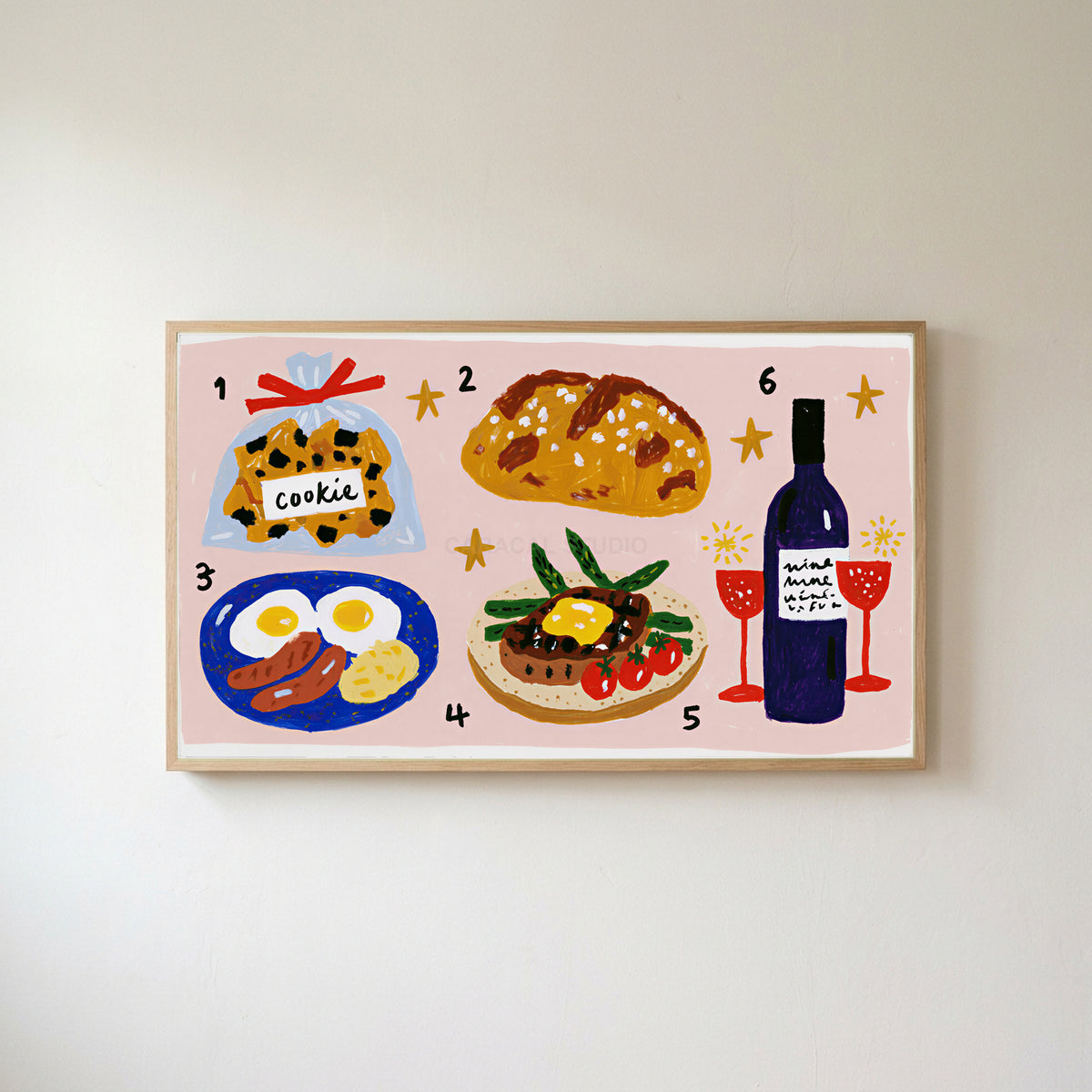 Food and wine doodles Frame TV art in an oak frame on a warm white wall