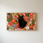 Black cat in a flower garden Frame TV art in an oak frame on a warm white wall