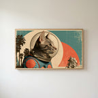 Vintage astronaut cat Frame TV art in an oak frame on a warm white wall