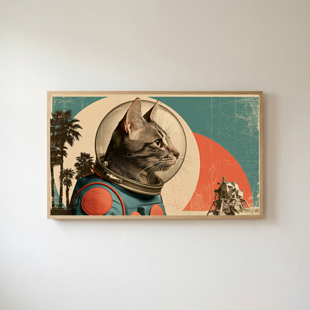 Vintage astronaut cat Frame TV art in an oak frame on a warm white wall