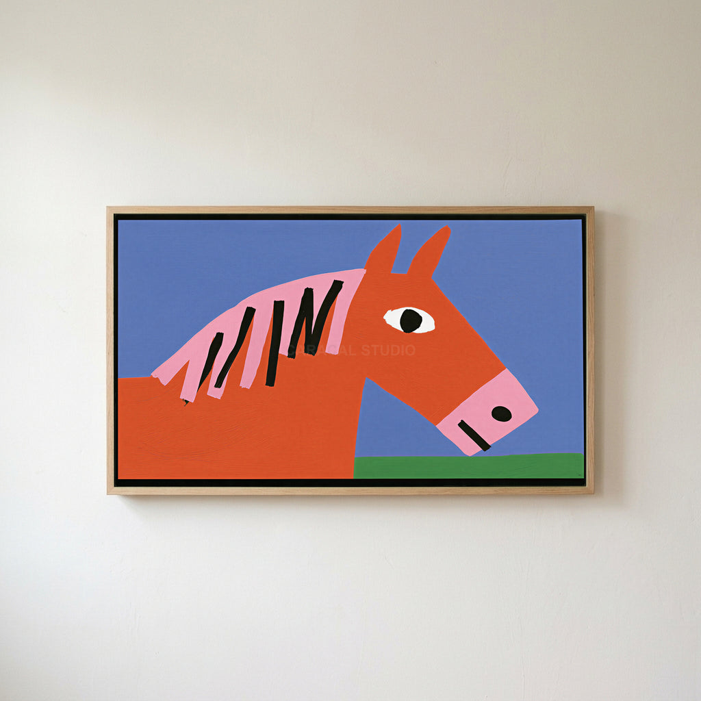 Naive horse Frame TV art in an oak frame on a warm white wall