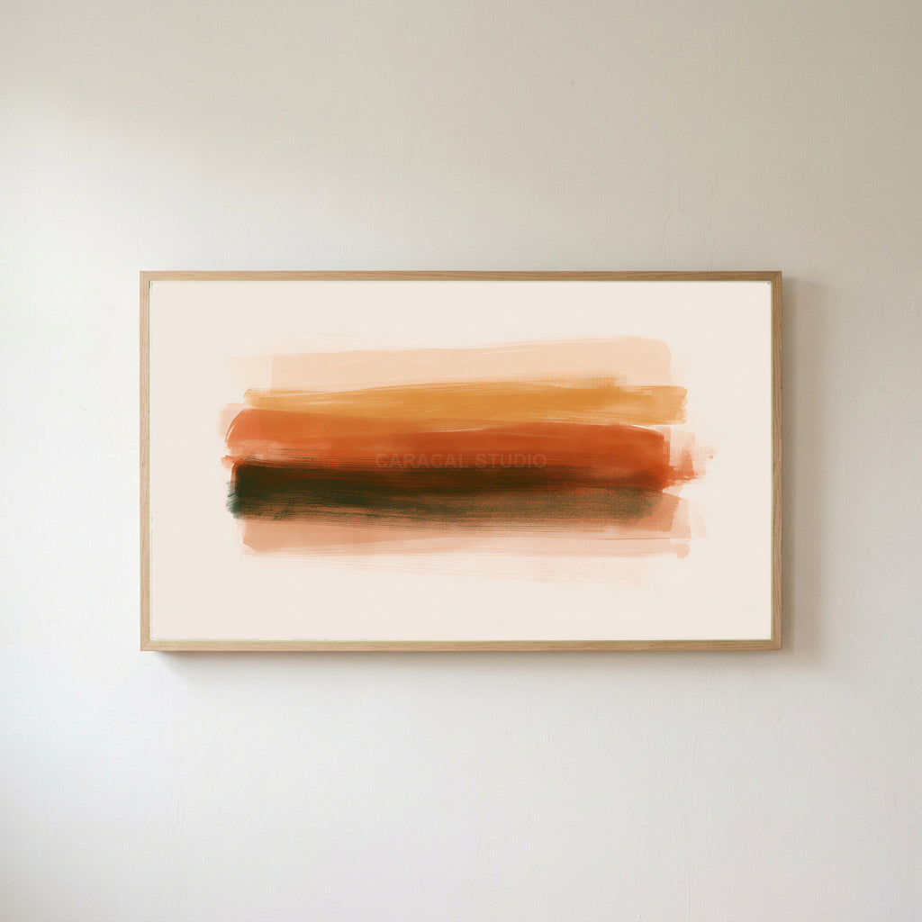 Terracotta brushstroke Frame TV art in an oak frame on a warm white wall