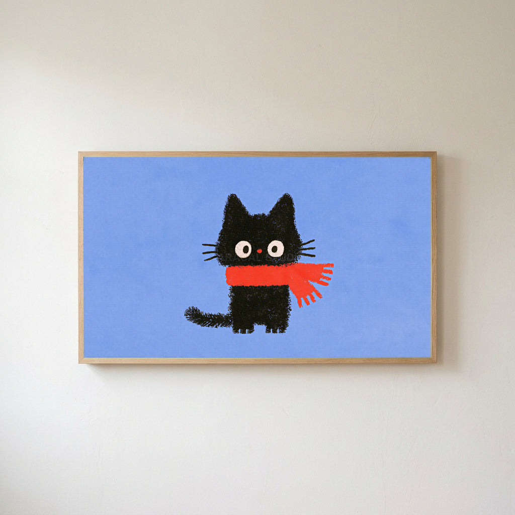 Black kitten in a scarf Frame TV art in an oak frame on a warm white wall