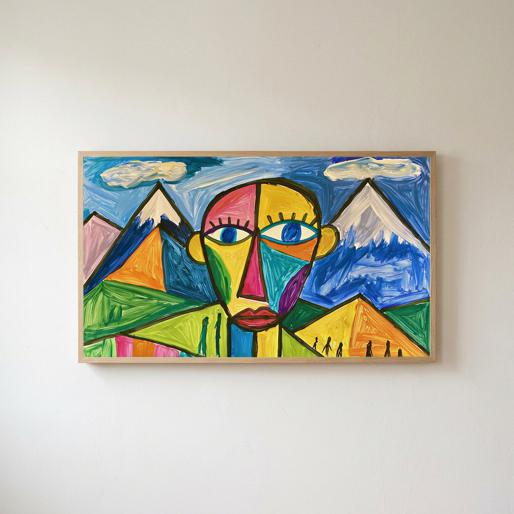 Color block face Frame TV art in an oak frame on a warm white wall