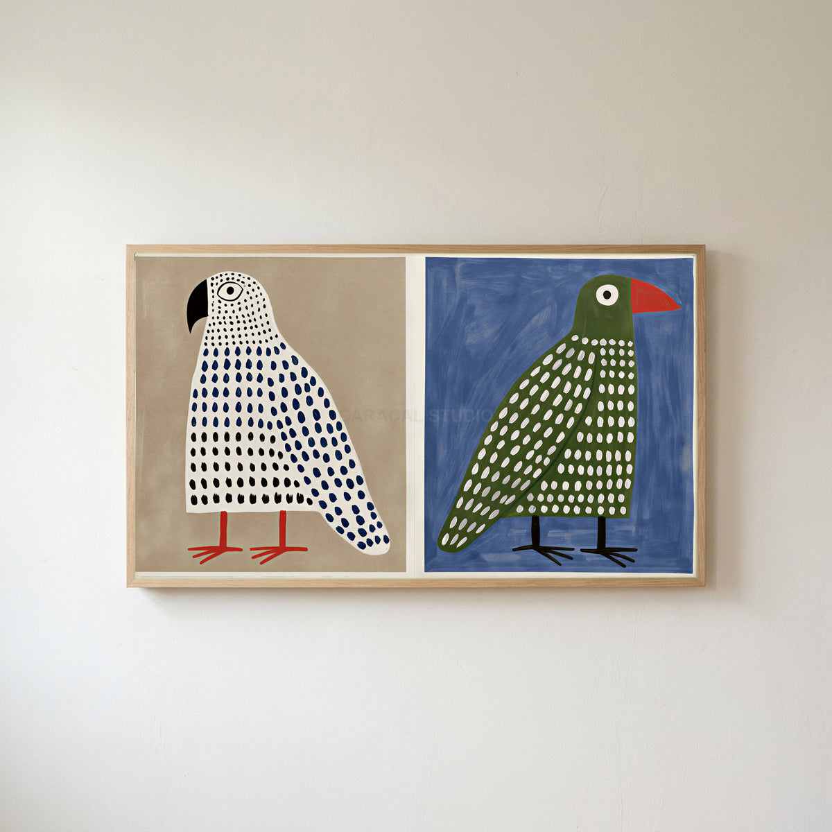 Polka dot birds Frame TV art in an oak frame on a warm white wall