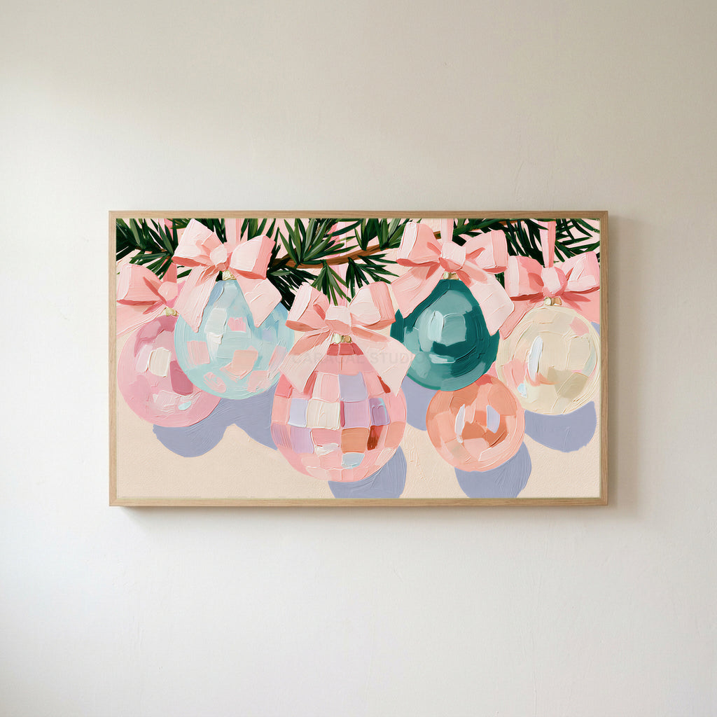 Pastel Christmas ornaments Frame TV art in an oak frame on a warm white wall