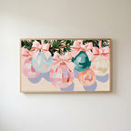Pastel Christmas ornaments Frame TV art in an oak frame on a warm white wall