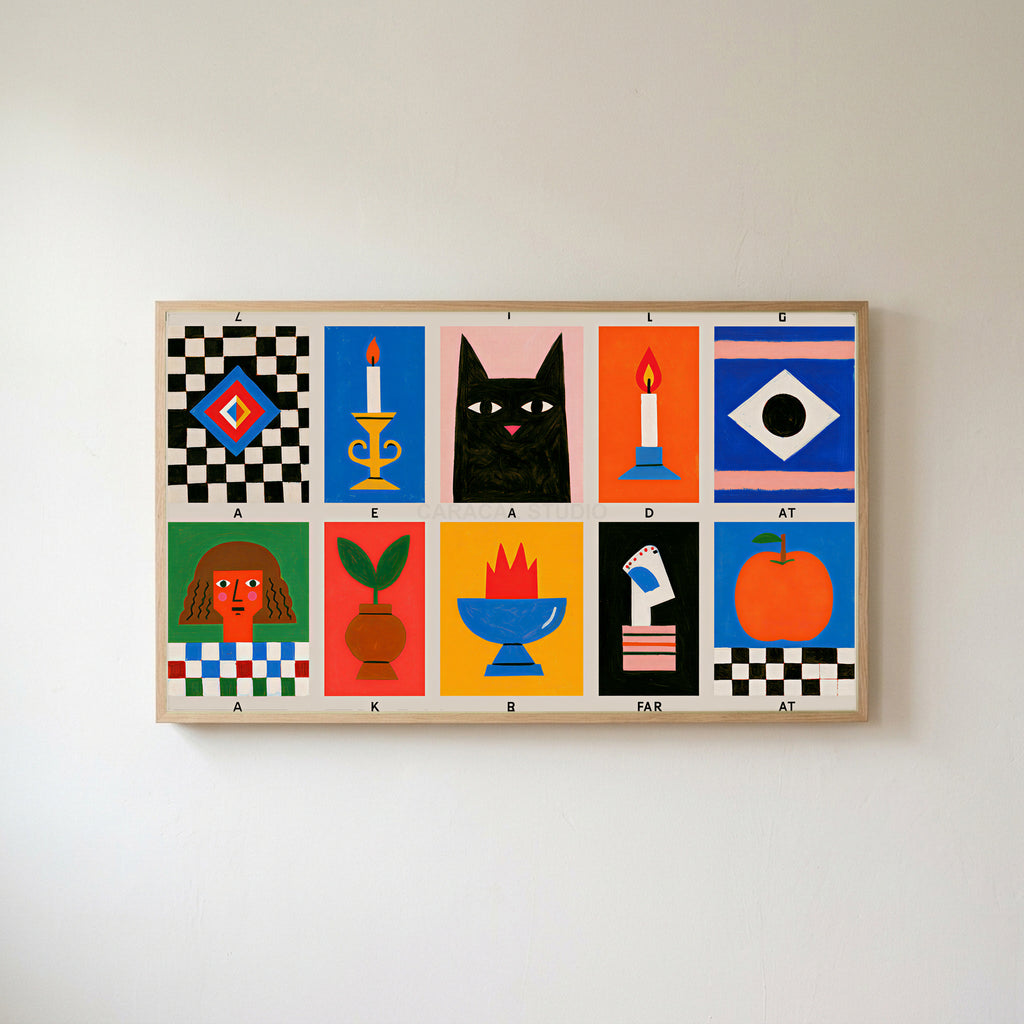 Mid century grid Frame TV art in an oak frame on a warm white wall