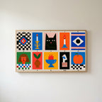 Mid century grid Frame TV art in an oak frame on a warm white wall