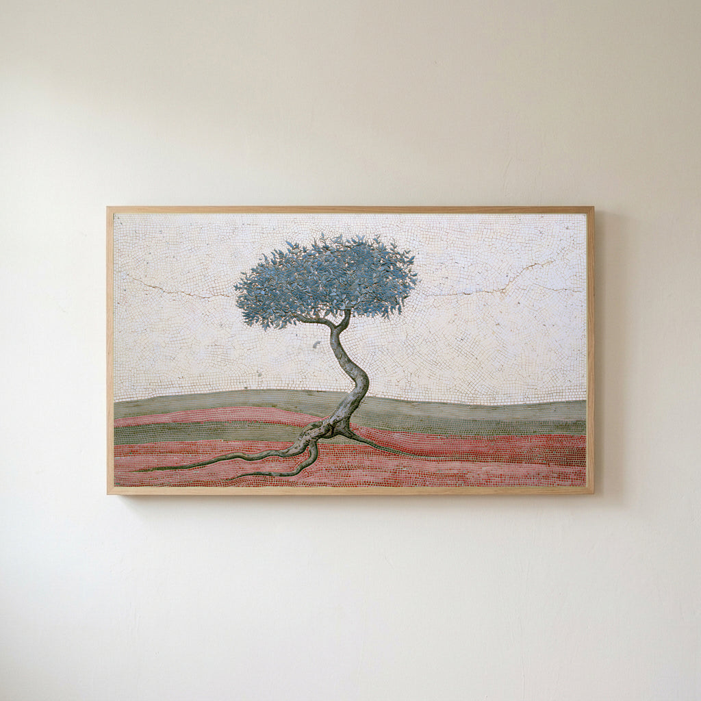 Mosaic tree Frame TV art in an oak frame on a warm white wall