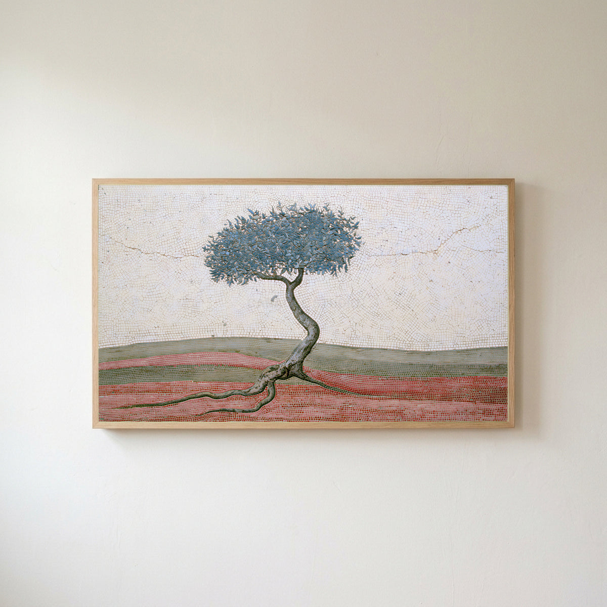 Mosaic tree Frame TV art in an oak frame on a warm white wall