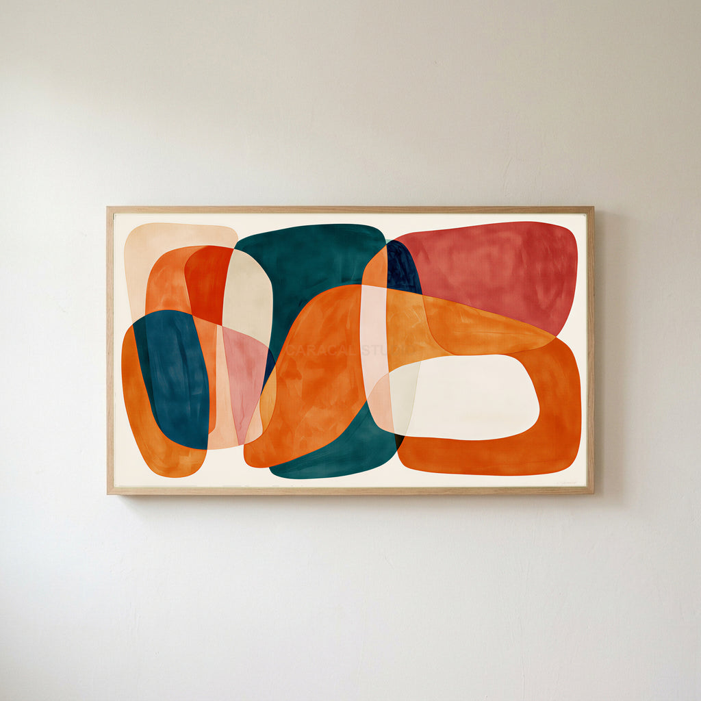 Organic shapes Frame TV art in an oak frame on a warm white wall