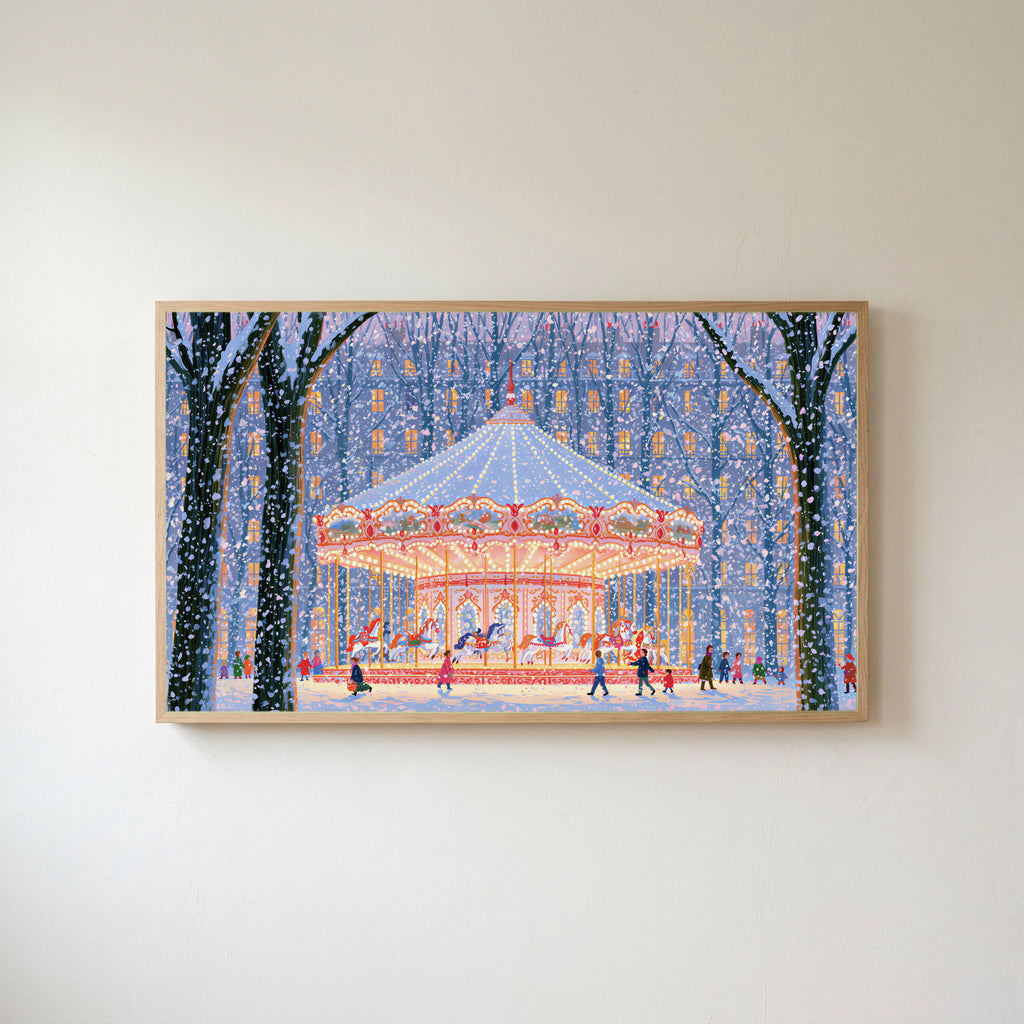 Snowy carousel Frame TV art in an oak frame on a warm white wall