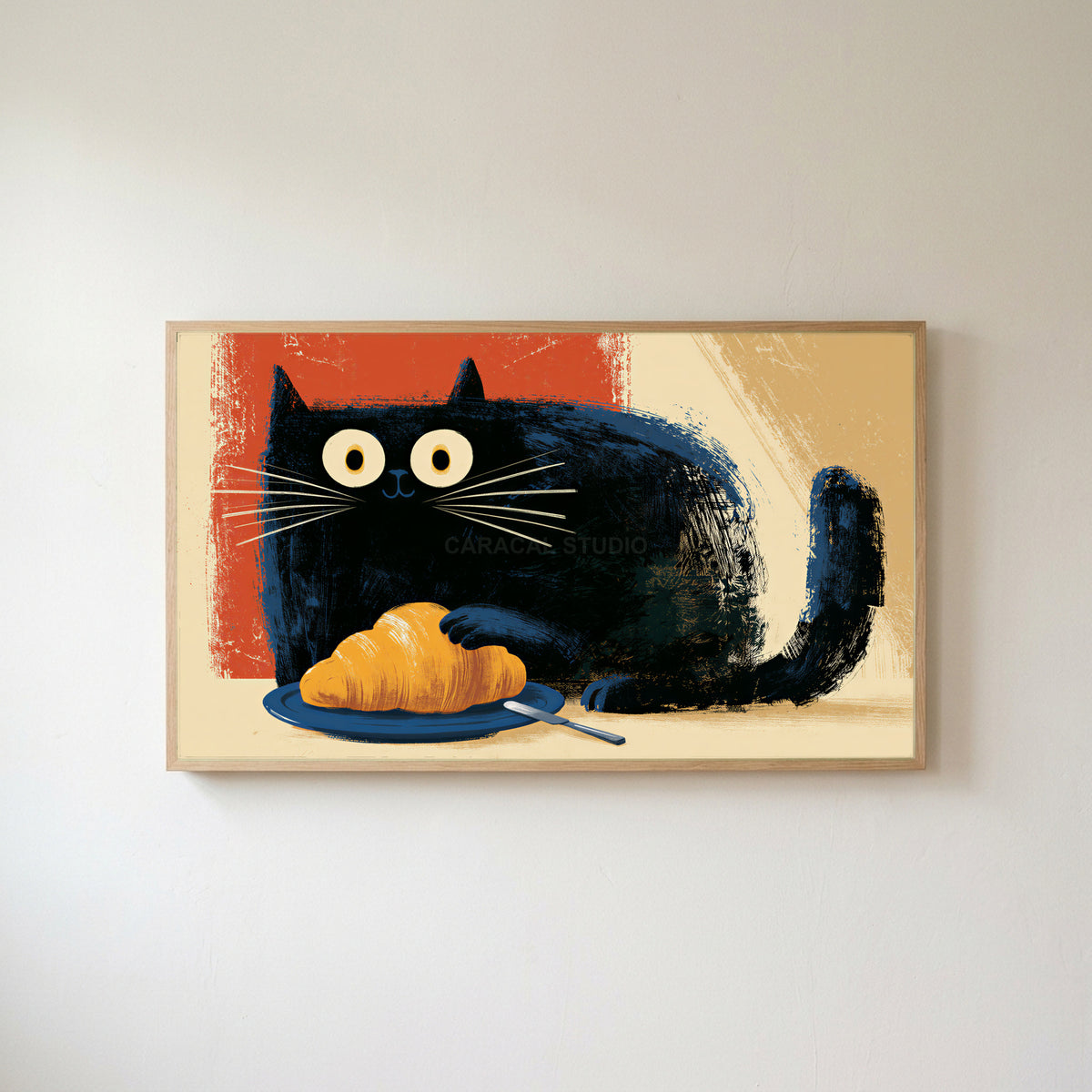 Croissant black cat Frame TV art in an oak frame on a warm white wall