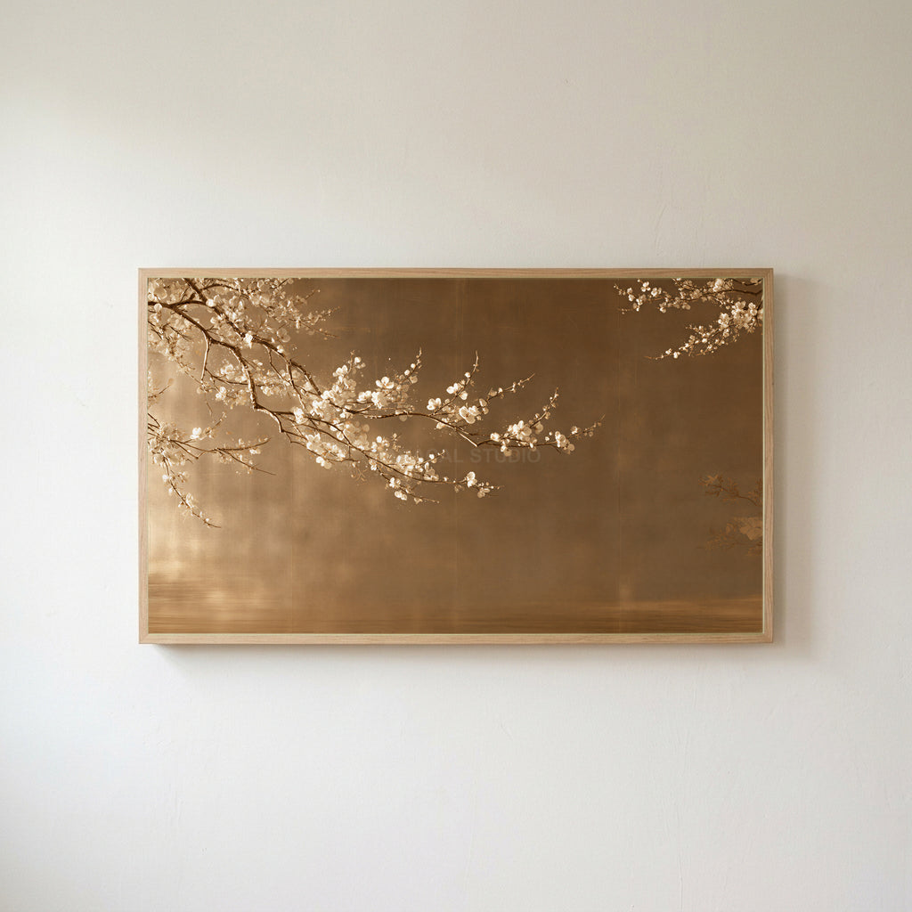 Japanese blossom Frame TV art in an oak frame on a warm white wall