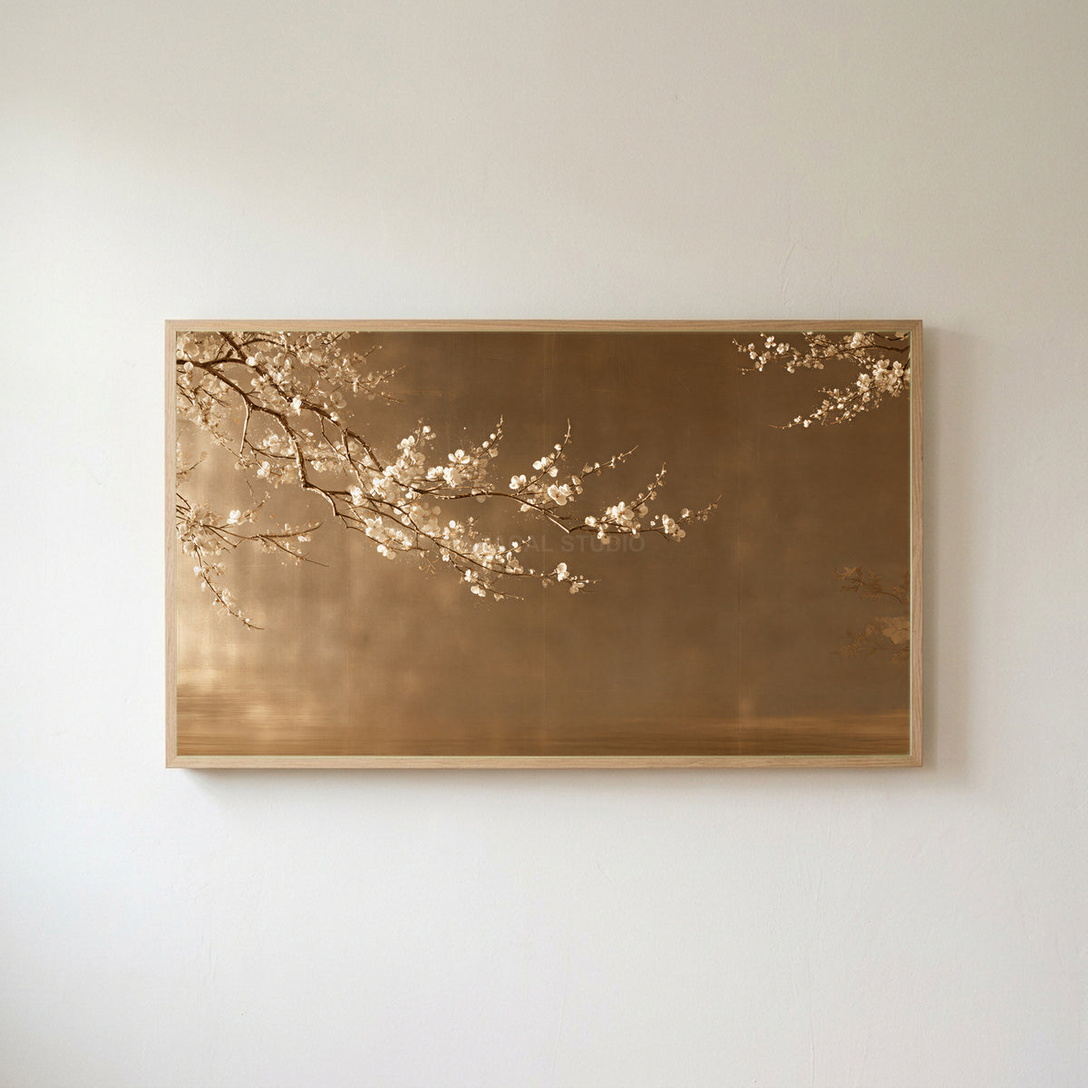 Japanese blossom Frame TV art in an oak frame on a warm white wall