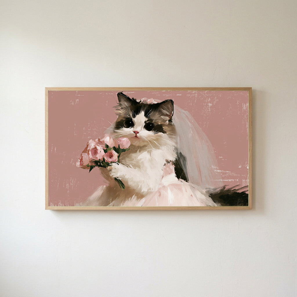 Cat bride Frame TV art in an oak frame on a warm white wall