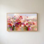 Pink wildflower meadow Frame TV art in an oak frame on a warm white wall