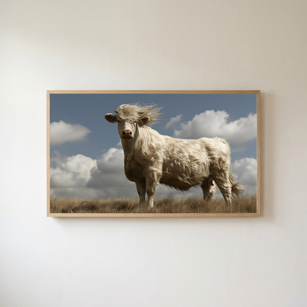 Windswept cow Frame TV art in an oak frame on a warm white wall