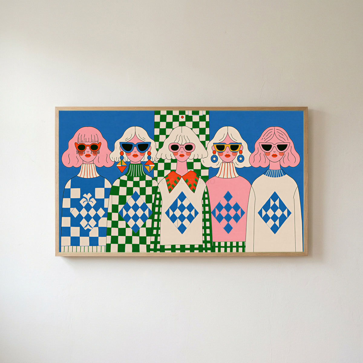 Retro women in sunglasses Frame TV art in an oak frame on a warm white wall