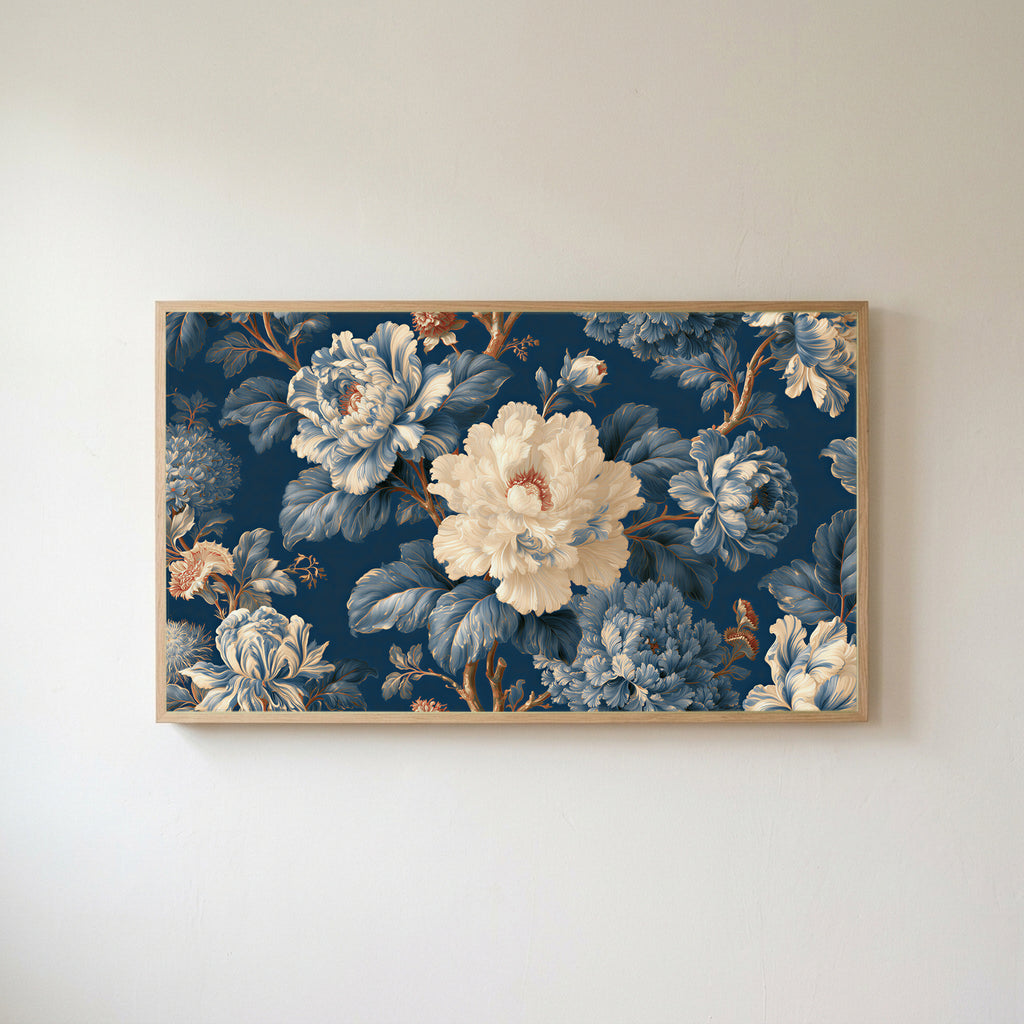 Blue and cream peonies Frame TV art in an oak frame on a warm white wall