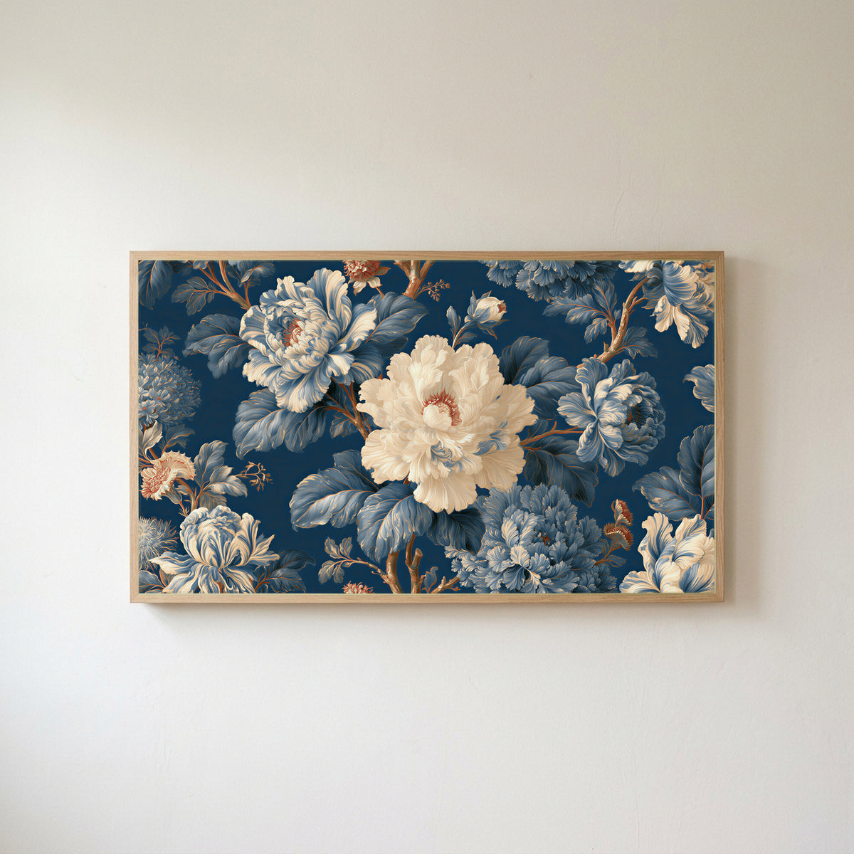 Blue and cream peonies Frame TV art in an oak frame on a warm white wall