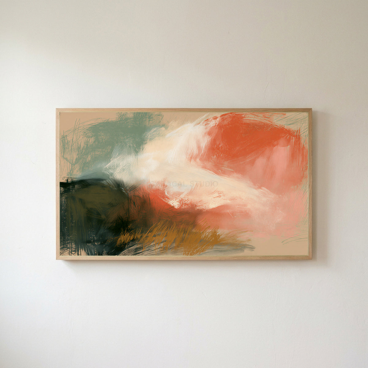 Chalk pastel abstract Frame TV art in an oak frame on a warm white wall