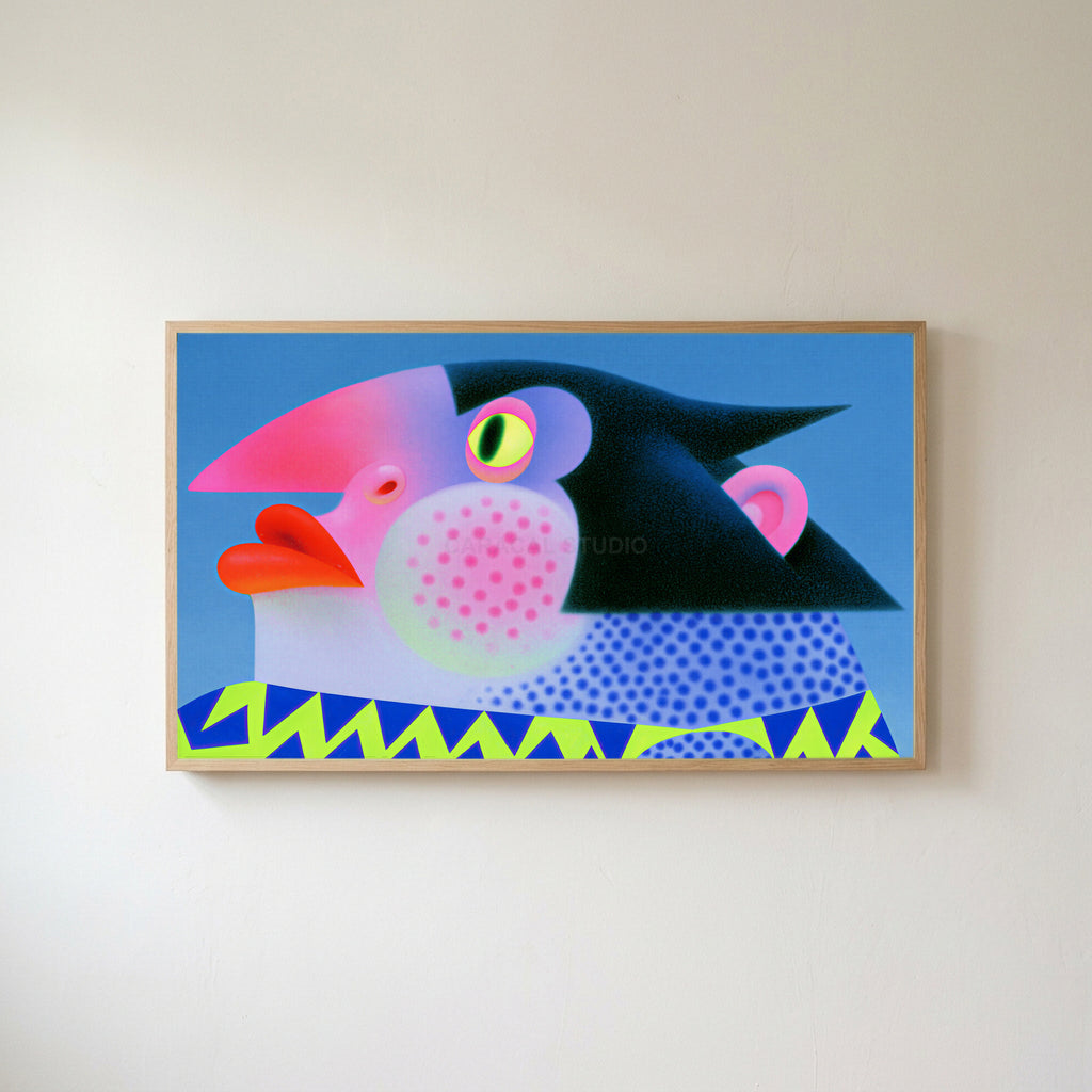 Pop art penguin Frame TV art in an oak frame on a warm white wall