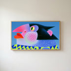 Pop art penguin Frame TV art in an oak frame on a warm white wall