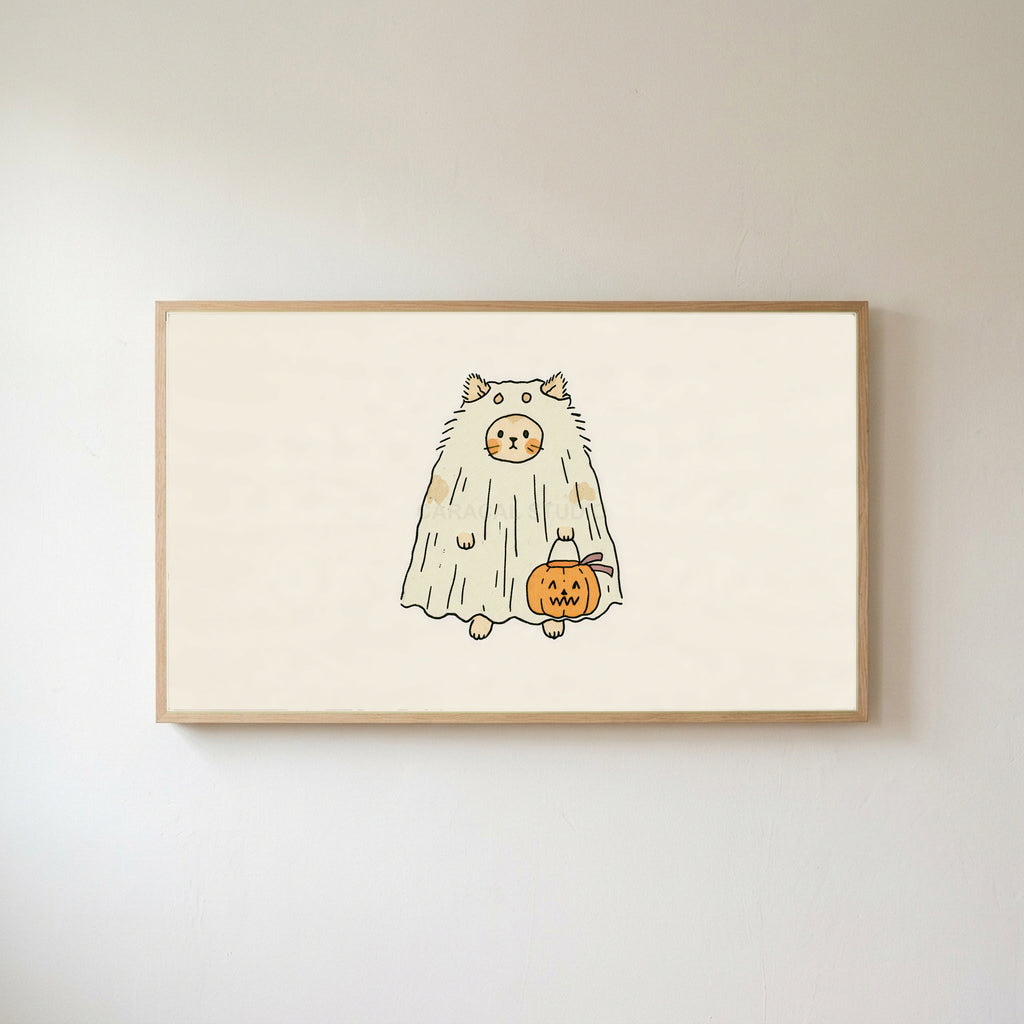 Ghost cat Frame TV art in an oak frame on a warm white wall