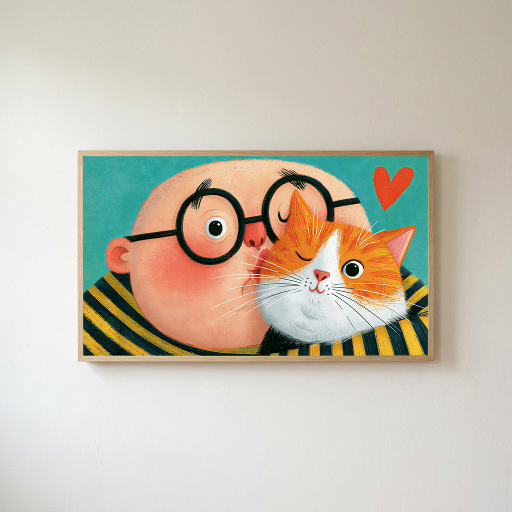 Man with his ginger cat Frame TV art in an oak frame on a warm white wall