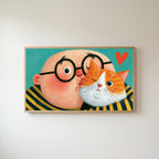 Man with his ginger cat Frame TV art in an oak frame on a warm white wall