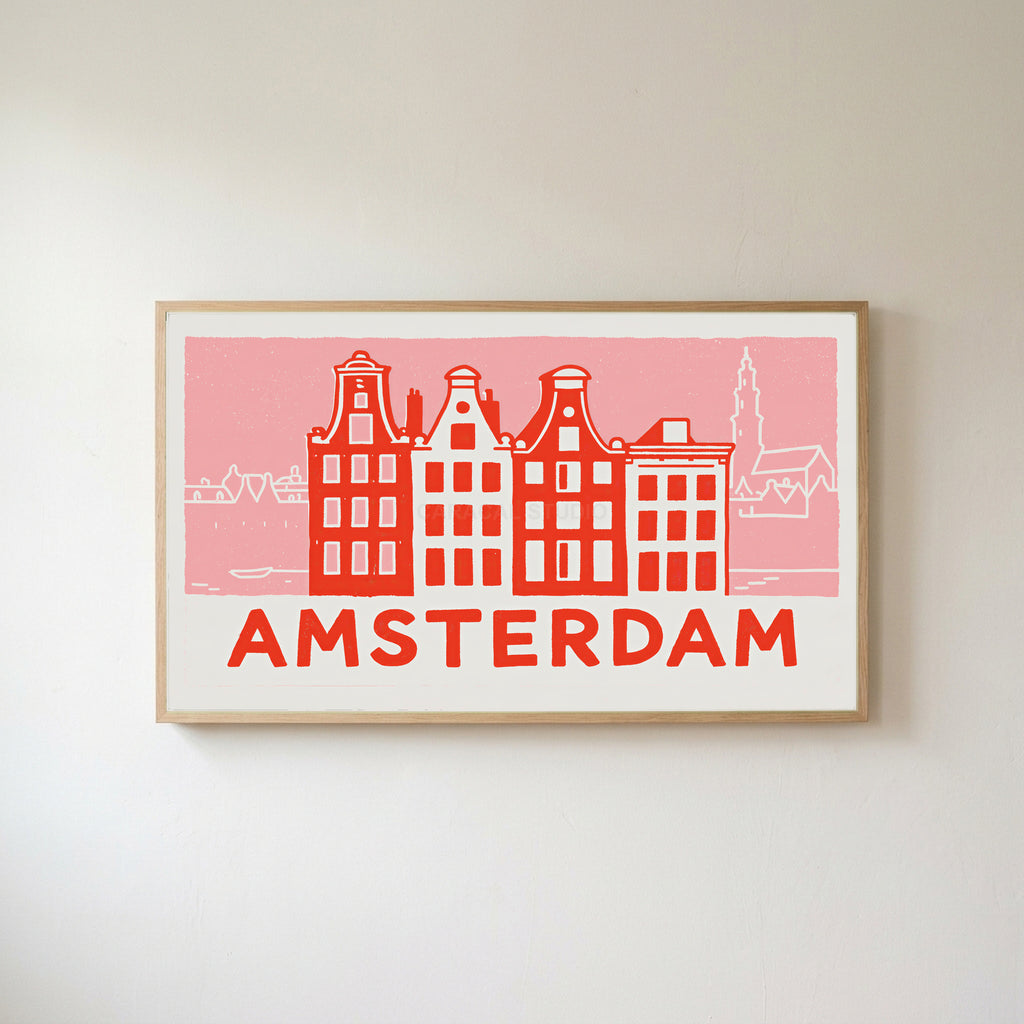 Amsterdam canal houses Frame TV art in an oak frame on a warm white wall