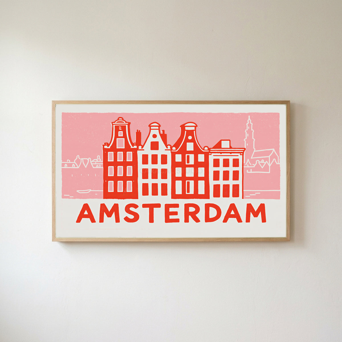 Amsterdam canal houses Frame TV art in an oak frame on a warm white wall