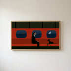 Ferry man and black dog Frame TV art in an oak frame on a warm white wall