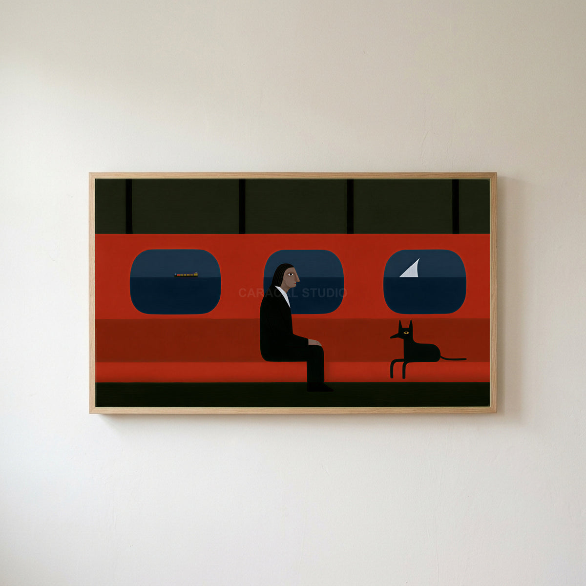 Ferry man and black dog Frame TV art in an oak frame on a warm white wall