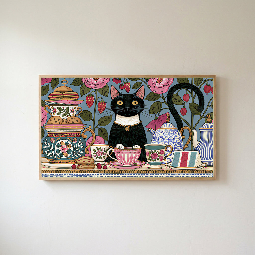 Black cat at a tea party Frame TV art in an oak frame on a warm white wall