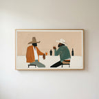 Cowboys and saloon drinks Frame TV art in an oak frame on a warm white wall