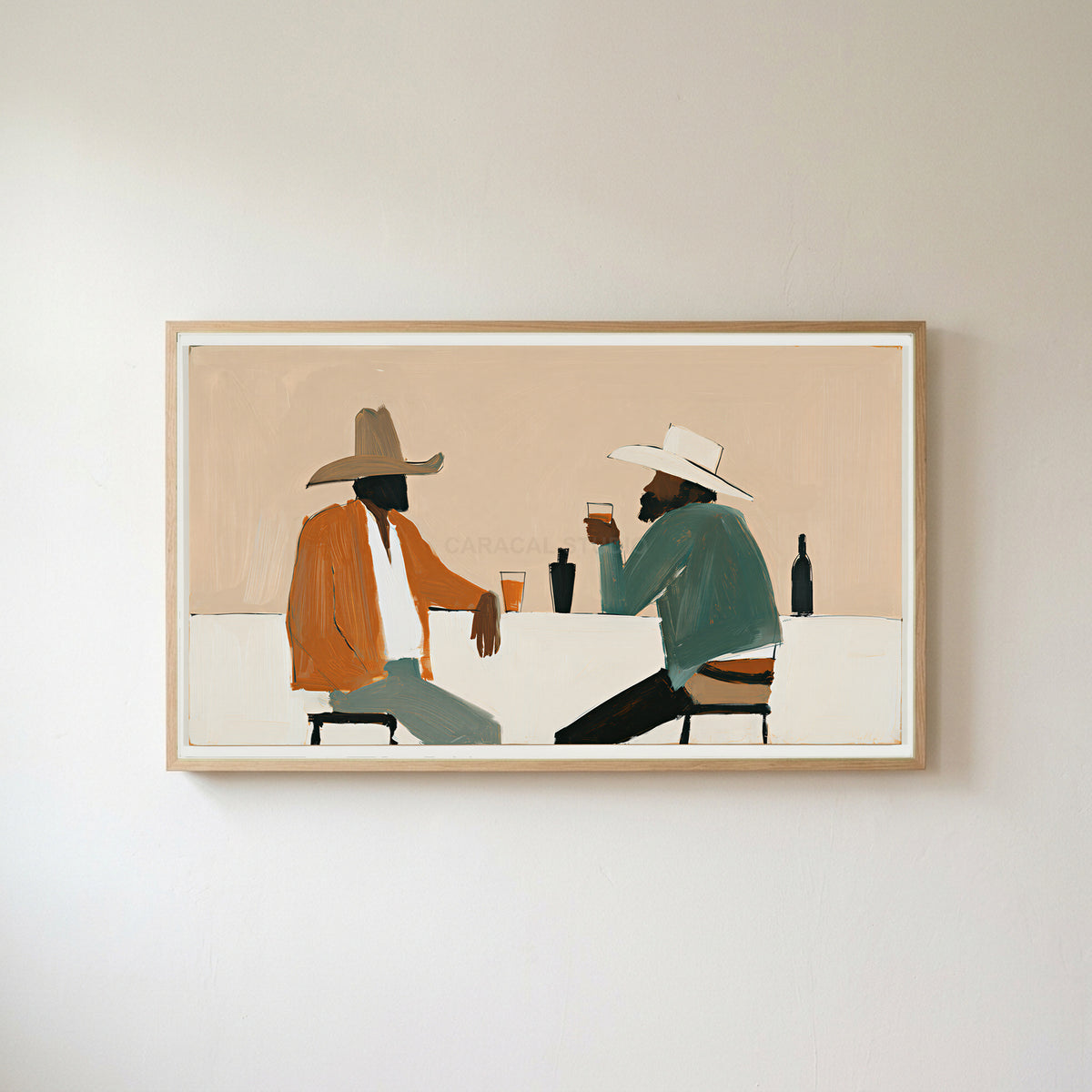 Cowboys and saloon drinks Frame TV art in an oak frame on a warm white wall
