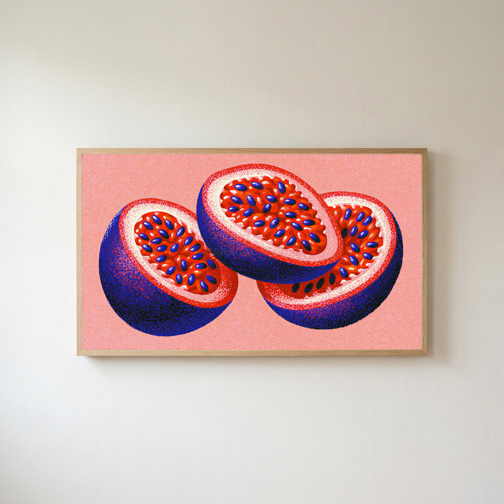 Passion fruit Frame TV art in an oak frame on a warm white wall