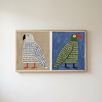 Polka dot birds Frame TV art in an oak frame on a warm white wall